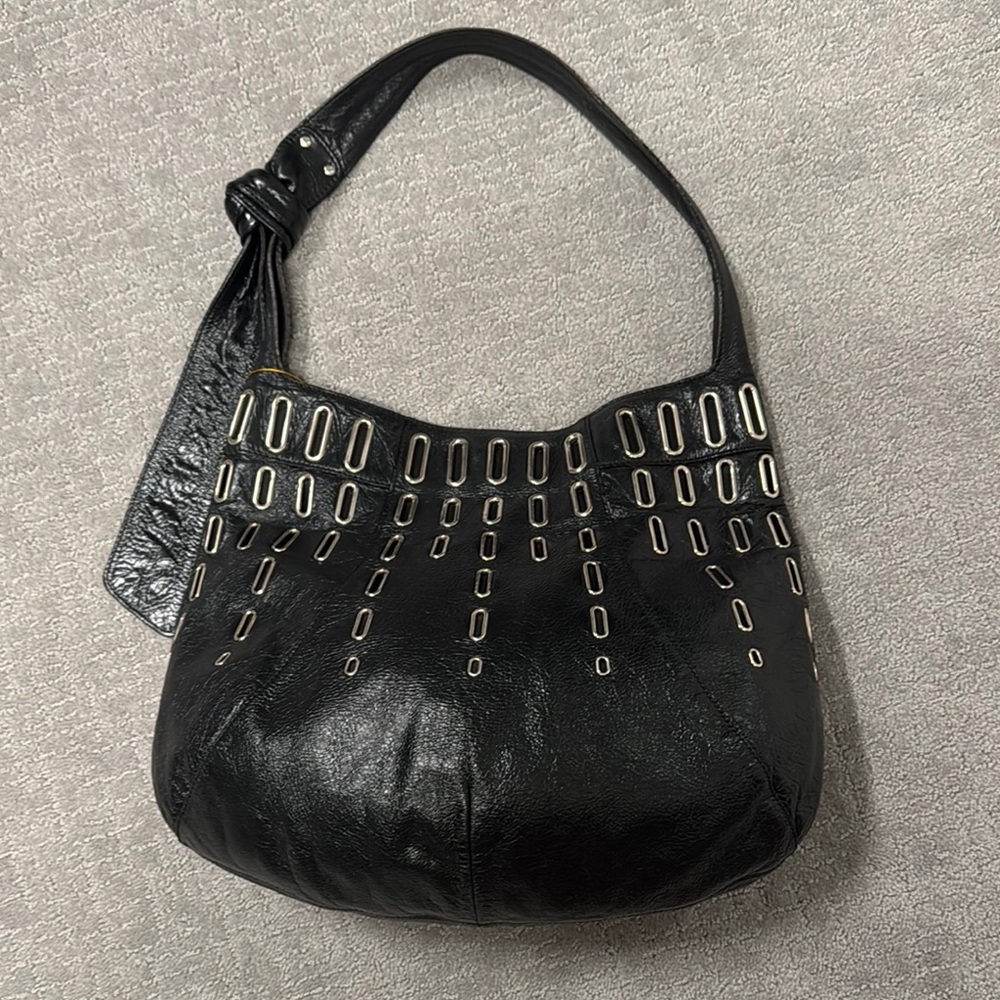 Jimmy Choo Black Leather Shoulder Bag with Metallic Embellishments